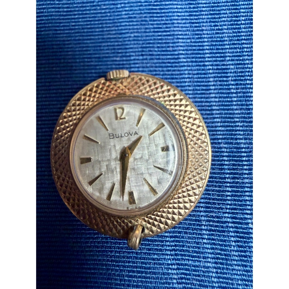 Bulova Vintage Pendant Watch Gold Tone Textured Diamond Bezel Linen Dial